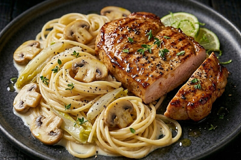Marinierte Putensteaks auf Champignon-Chicorée-Pasta