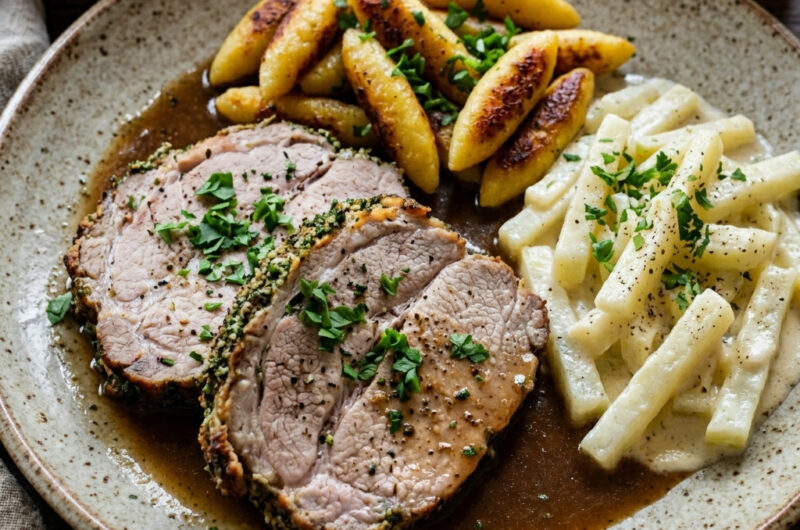 Nackenbraten mit Rahm-Kohlrabi und Schupfnudeln