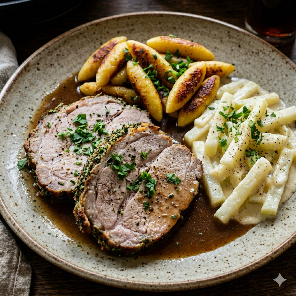 u003cbru003eNackenbraten mit Rahm-Kohlrabi und Schupfnudeln
