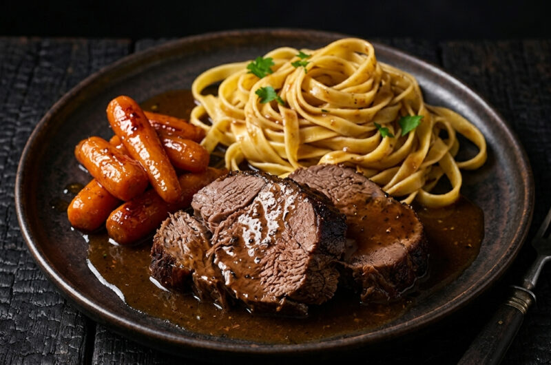 Rinderbraten mit glasierten Möhren und Bandnudeln