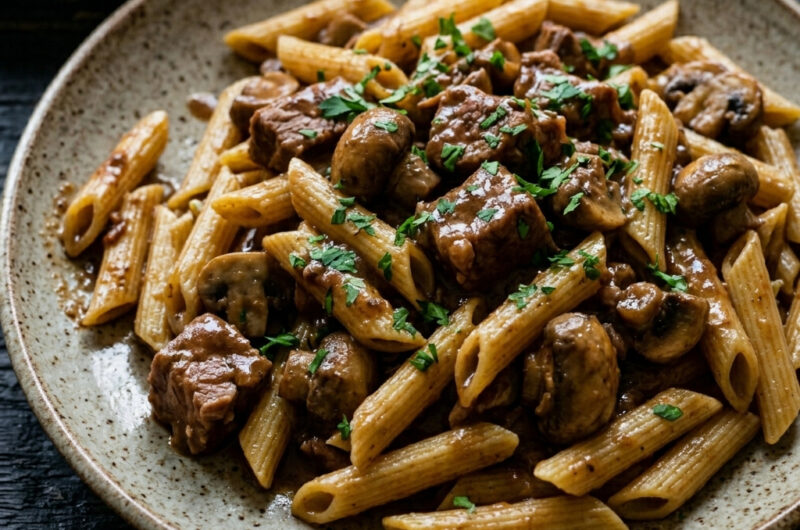 Schinkengulasch mit frischen Champignons und Barilla Al Bronzo