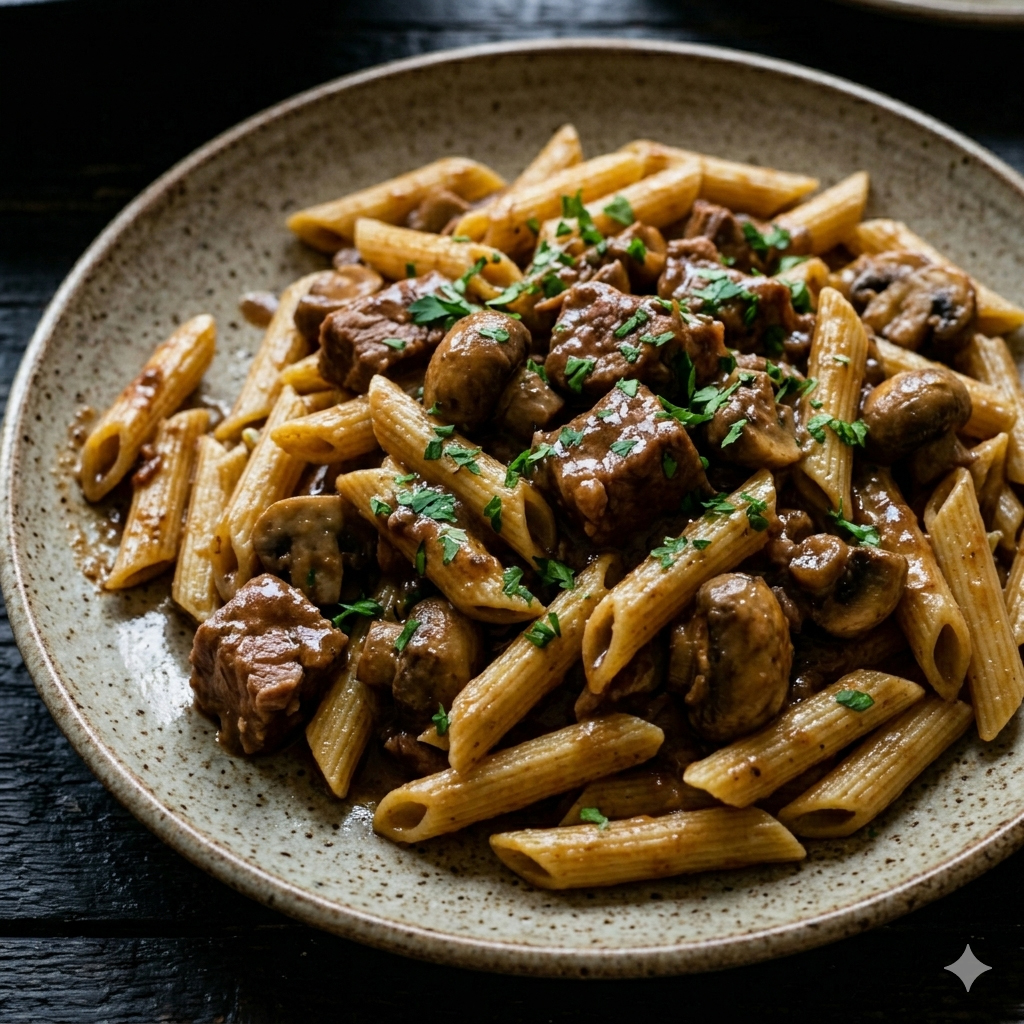 u003cbru003eSchinkengulasch mit frischen Champignons und Barilla Al Bronzo