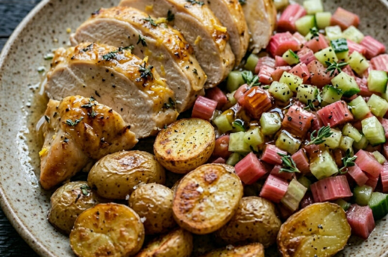Zitronen-Hähnchen mit Rhabarber-Gurken-Relish und Röst-Drillingen